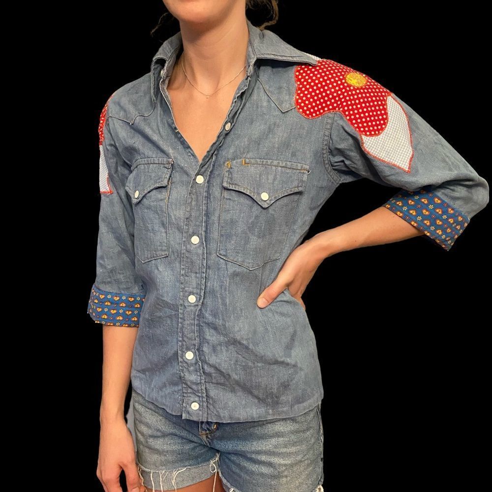 Vintage Handmade Denim Snap Western Shirt Quilted